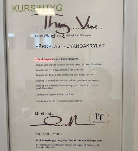 Härdplast - Cyanoakrylat häsloeffekt Certifikat