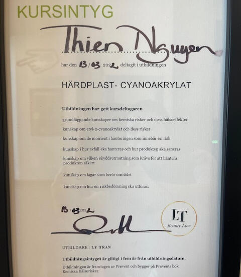 Härdplast - Cyanoakrylat häsloeffekt Certifikat